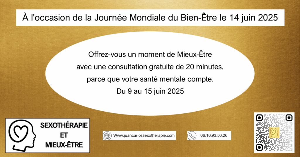 Affiche promotionnelle annonçant des consultations gratuites de 20 minutes en sexothérapie et mieux-être, du 9 au 15 juin 2025, pour la Journée Mondiale du Bien-Être.