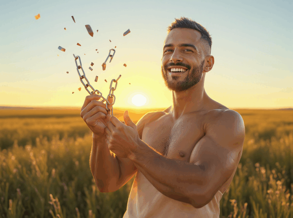 Un homme souriant, les chaînes brisées tombant de ses poignets, symbolise la libération de l’addiction au chemsex devant un coucher de soleil dans un champ, illustration hyperréaliste de la liberté et du renouveau.