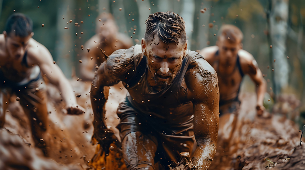 Un groupe d’hommes couverts de boue, déterminés et concentrés, rampent sous des filets lors d’un parcours d’obstacles en forêt. Leur expression reflète l’effort, la persévérance et la résilience, symbolisant le combat et la persévérance nécessaires pour surmonter les défis, comme le sevrage du chemsex.