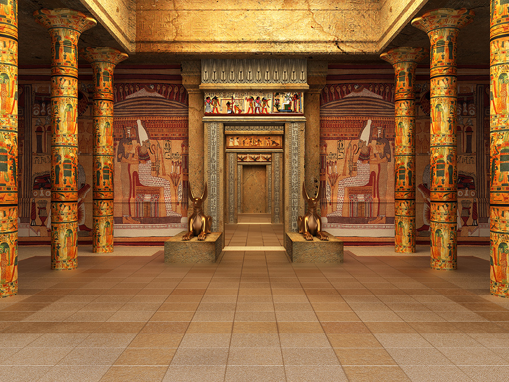 Temple égyptien antique, décoré de hiéroglyphes et de statues de divinités, où se pratiquaient les rituels de guérison ancêtres de l'hypnose